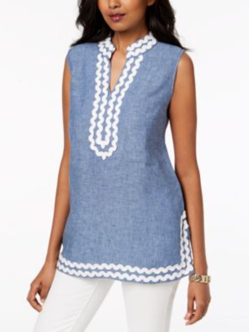 Charter Club Blue Linen Tunic Top White Trim Petite Small